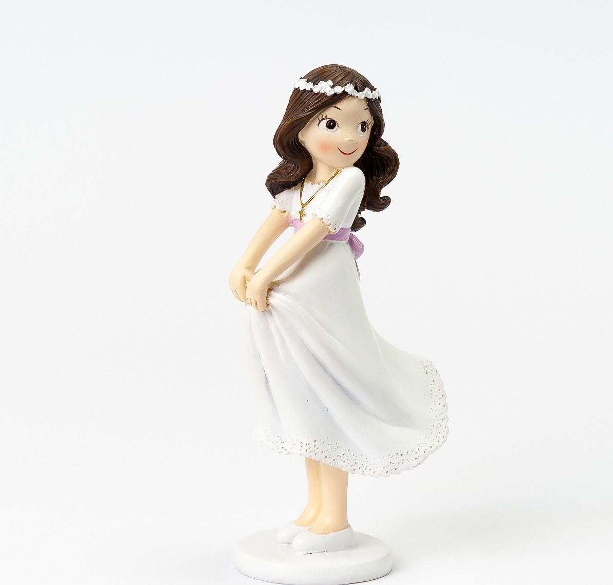 Figurine fille communion brune robe blanche- lamandine