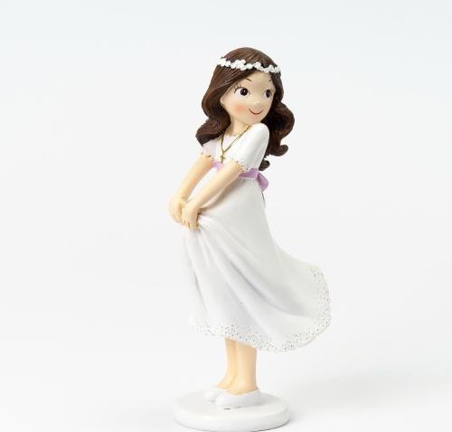 Figurine fille communion brune robe blanche- lamandine